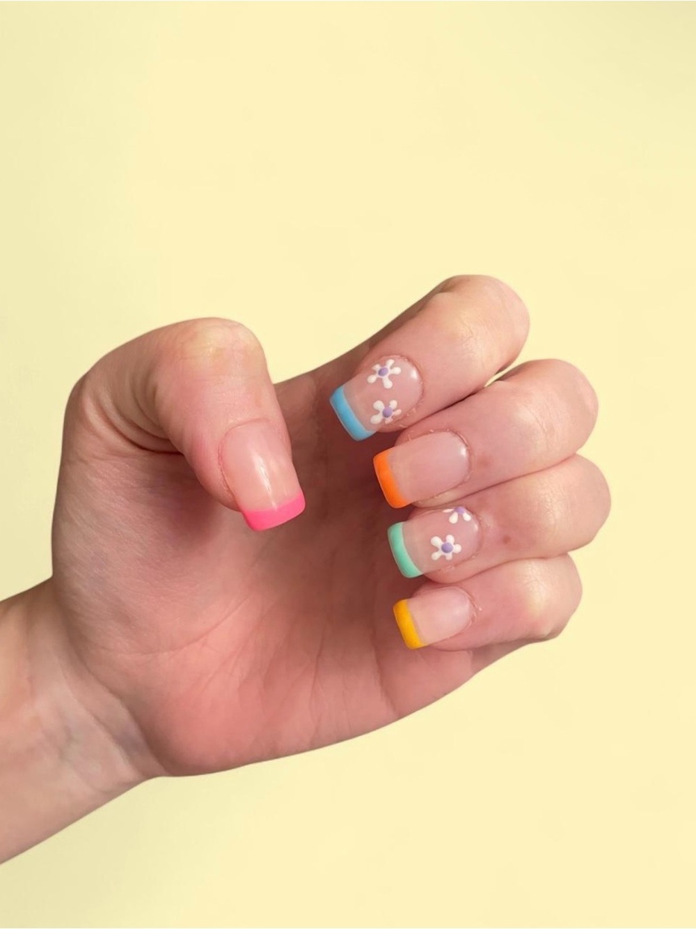 Colorful French Tip Nails - Multicolor Floral Accents